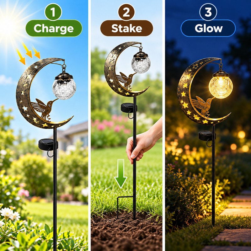 Solar Hummingbird Moon Garden Light – Crackle Glass LED Stake,