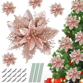 CCINEE 12pcs Christmas Glitter Poinsettia Flowers Rose Gold Artificial Xmas Flowers with Clips and Stems for Christmas Tree Ornaments Home Decoration