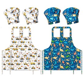 GROBRO7 8Pcs Kids Apron and Chef Hat Set Gift for Girls Boys Dinosaurs Construction Vehicles Adjustable Kitchen Child Aprons with 4 Pockets Waterproof Chef Hats for Baking Cooking Painting Training