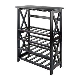 Ergode Newport Wine Bar | Expandable Countertop | Holds 9 Bottles | Hanging Wine Glass Rack | Drawer & Open Shelf | Solid Wood | Walnut Finish (92432-VV)