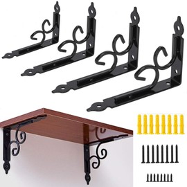 4 Pack Decorative Shelf Brackets, Wall Mounted Floating Shelf Brackets, Heavy Duty L Shape Metal Shelf Brackets & Supports (6 Inch, Black)