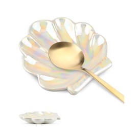 Ceramic Spoon Rest, Small Spoons Holder for Coffee Station Kitchen Counter, Cute Spoon Rest for Coffee Lover Gift Bar Accessories Decor, Mini Spatula Utensil Jewelry Organizer Tray (Scallop)