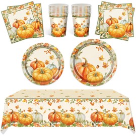 Thanksgiving Plates and Napkins,Fall Watercolor Pumpkin Maple Leaves Paper Plates, Cups Tablecloth,for Thanksgiving Dinner, Friendsgiving, and Autumn Party,Serves 24