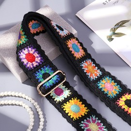 Greaciary Wide Purse straps Crochet Flower replacement crossbody for Handbags Adjustable Embroidery Knit Guitar Shoulder strap for Bag (Black floral)