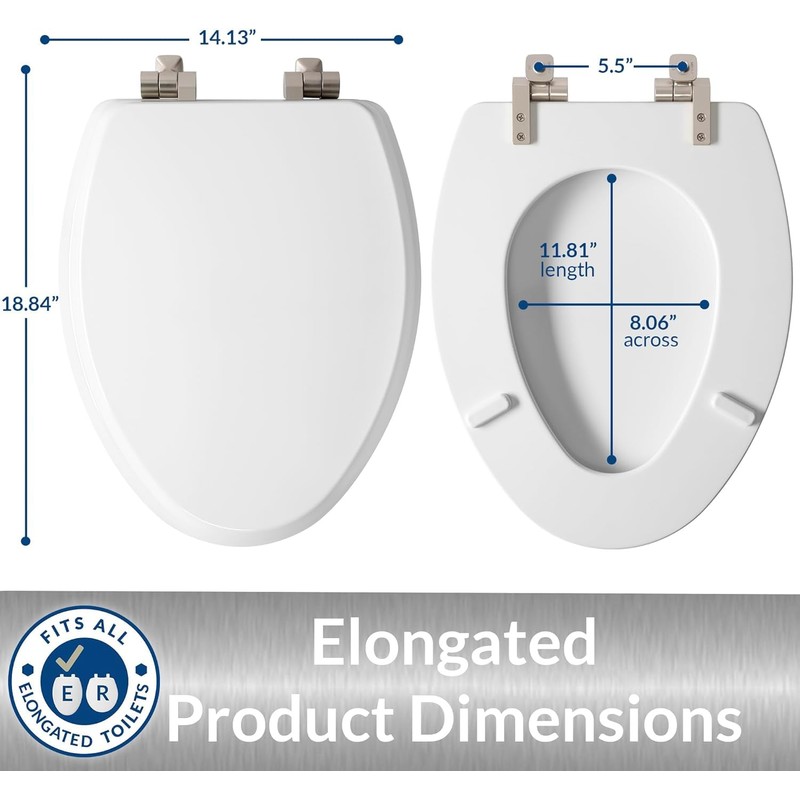 Mayfair Bennett Toilet Seat with Brushed Nickel Hinges, Slow Close