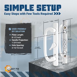 8.5" Legacy Sliding Patio Glass Door Center Latch White Handle Set - Sash Controls 2265 + Mortise Lock 45°- Non-keyed Door Handles, Fits 3-15/16” Screw Hole Spacing and 1-1/4" to 2-1/4" Thick Doors
