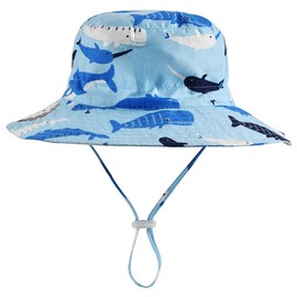 Kids Boys Sun Hat Adjustable - Outdoor Toddler Swim Beach Pool Hat UPF 50+ Wide Brim Chin Strap Summer Play Hat (54cm, Light Blue Whale)