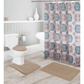 Kids Zone Home Linen Bathroom Collection 16pc Taupe Bathroom Accessory Set - Non-Slip Bath Mat, Non-Slip Contour Mat, Toilet Lid Cover and Waterproof Shower Curtain with Rustproof Metal Roller Hooks