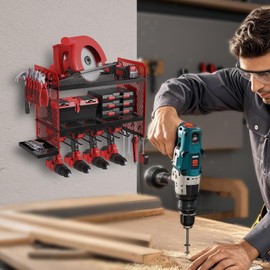 AZBESTPRO Power Tool Organizer Wall Mount Heavy Duty, 3 Tier 4 Drill Holder 17 Inch, Tool Holder and Storage Rack for Garage Organization (Red)