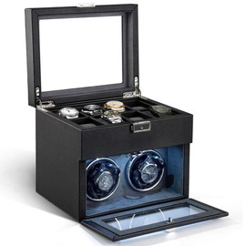 Automatic Double Watch Winder,Watch Winder with 8 Extra Storage Display Box,Japanese Quiet Motor, LED Light, Adjustable Watch Pillows, AC Adapter (Black)
