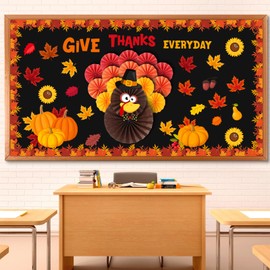 Funrous 47 Pcs Fall Bulletin Board Decorations Give Thanks Everyday Paper Cutouts Turkey Paper Fans Fall Maple Leaf Thanksgiving Classroom Decor for Autumn Thanksgiving Bulletin Board (Classic)