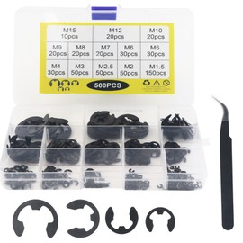 GIVIHGETI 500 Pieces E-Clip Circlips Snap Ring Set, 13 Sizes 1.5-15mm Carbon Steel Fuse Assortment Kit, External E Clip Retaining Ring for Fastening Bearings Gears Pulleys