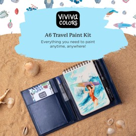 Viviva VV276053 Watercolour Travel Set A6, Faux Leather Case with 16 Vibrant Watercolour Paints, Water Tank Brush, Black Marker in 0.5 mm and Sketchbook with 24 Sheets of 200 g/m² in Size - A6