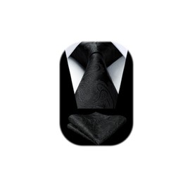 HISDERN Ties for Men 160 cm Extra Long Tie with Pocket Square Set Wedding Business Silk Tie Elegant Tie Men, A Black Paisley 2