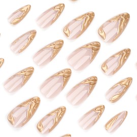 Gold French Tip Press on Nails Almond Fake Nails Medium False Nails with 3D Wave Design Glue on Nails Stiletto Acrylic Nails Glossy Full Cover Stick on Nails for Women Fall Manicure 24Pcs