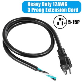 3FT 12AWG 3 Prong Heavy Duty Universal AC Appliance Replacement Power Cord with Pigtail Open Wiring End. SJTW 12Gauge 20Amp 3 Conductor Wire Extension Cable, Black