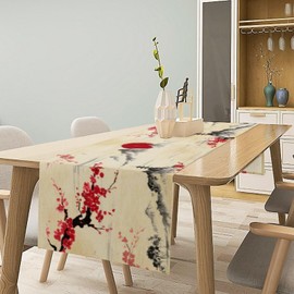 Japanese Table Runner, Cherry Blossom Asian Nature Landscape Aesthetic Kitchen Dining Table Runners for Indoor Outdoor Home Party Holiday Decor 13X70Inch