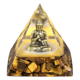 Rockcloud Buddha Statue Orgone Pyramid, Tiger's Eye Stone Crystal Energy Generator Orgonite Pyramid Figurine Home Office Desktop Decor for Wealth Good Luck, Yellow