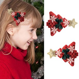 2PCS Christmas Hair Clips for Kids Boys Girls Christmas Tree Clips Hairgrips Hair Accessories for Xmas Costume Party Decoration Red Glitter Christmas Tree Hair Barrette Xmas Headdress
