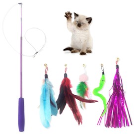 coubon Cat Toy Wand, Interactive Feather Teaser Cat Toys Set, Retractable Cat Fishing Rod with 5pcs Refills (Purple)