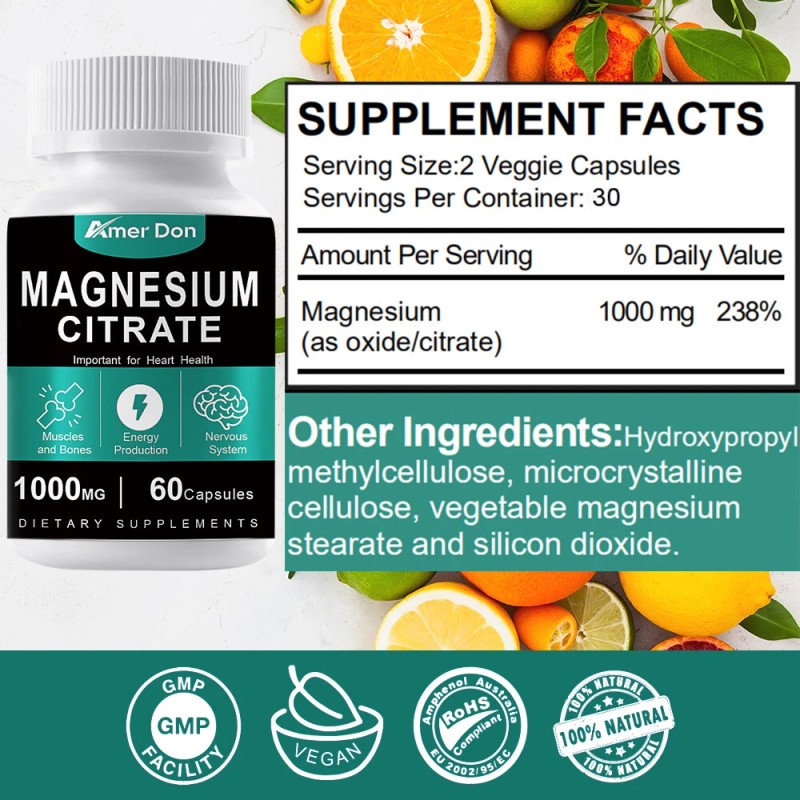 Amer Don Magnesium Citrate Capsules 1000mg Per Serving - Highest