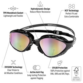 BUDDYSWIM Swimming Goggles OzeanX, Antifog with Panoramic XVISION Lenses. Protection UV400. Hydrodynamic Fit. Swim goggles adult for Open Water and Pool Swimming. Black/Iridium