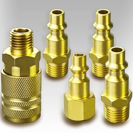 GAJING 1/4" NPT Solid Brass Air Coupler and Plug Kit,Air Compressor Fittings, 1 Male Coupler and 1 Female Plug 3 Male Plugs, 5pcs Air Line Fittings Quick Connectors