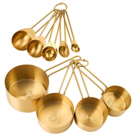 YOFAPA 9 Pcs Stainless Steel Measuring Cups and Spoons Set, Gold Color with Clear Scale, Includes 4 Cups and 5 Spoons for Baking, Cooking and Coffee Measuring