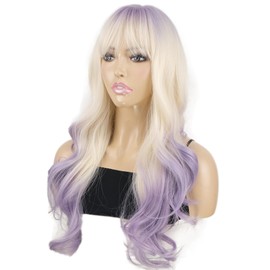 onemily Purple Wig with Bangs 26 Inch Dark Roots Light Purple Blonde Ombre Long Wavy Wigs for Women (Purple)