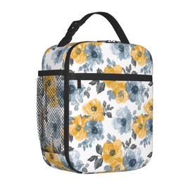 ainori - Lonchera floral reutilizable para niños, niñas, mujeres, adultos, bolsa de almuerzo aislada con flores amarillas y azules, bolsa de poliéster para la escuela, picnic, trabajo, viajes, playa o