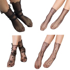 CHUANGOU 4 Pairs Short Fishnet Stockings Crystal Lace Socks Transparent Lace Stockings Lace Socks, black