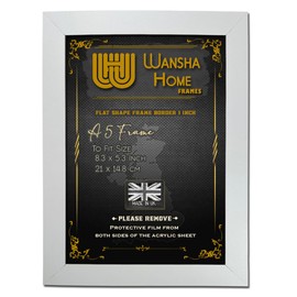 WANSHA HOME A5 White Picture Frames (21 x 14.8 cm) Flat Poster Frame - Clear Acrylic Poster Display with MDF Wooden - Portrait/Panoramic - Wall Mount Hooks & Tabletop Stand
