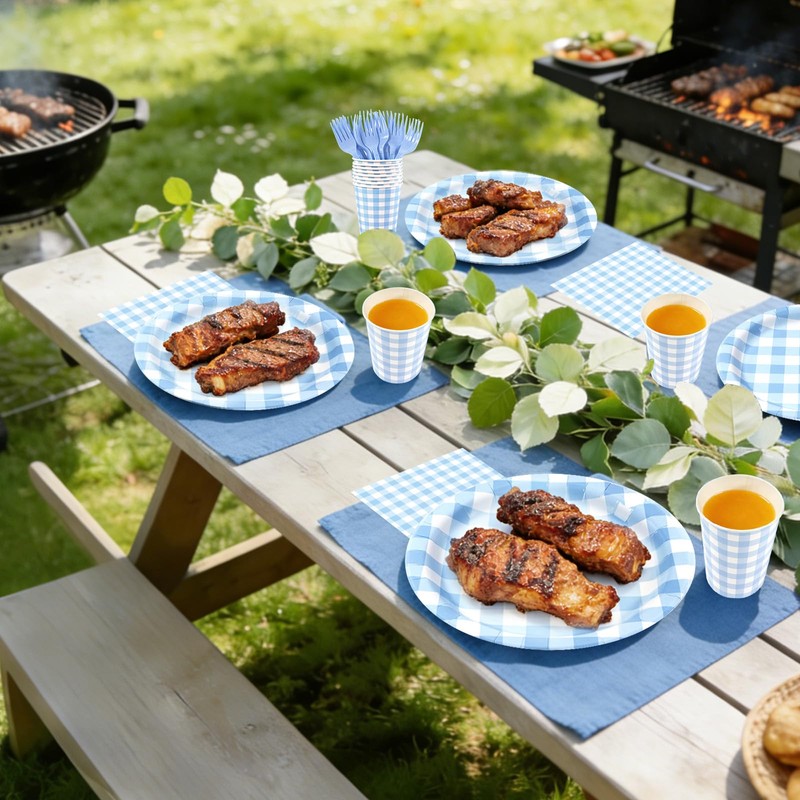 150PCS Blue Gingham Disposable Party Tableware Set for 30 Guests