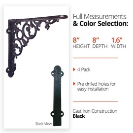 NACH Victorian Scroll Black Shelf Brackets 8 inch, Decorative Shelf Brackets for Wood Shelves - Antique Metal Shelf Brackets, Large Wall Shelf Brackets, Set of 4 Floating Shelf Brackets, JS-90-417