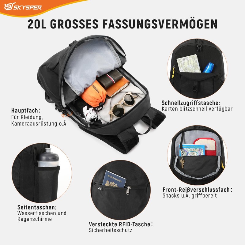 SKYSPER Foldable Backpack RFID Protection, 20L Small Backpack Hiking Backpack