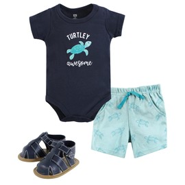Hudson Baby Unisex Baby Cotton Bodysuit, Shorts and Shoe Set, Sea Turtle, 12-18 Months