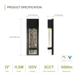 ASD LED 13 Inch Bubble Glass Wall Light Fixture | 12W 500LM 3000K-5000K 120V | 3CCT, Waterproof, Dimmable, ETL Listed | Exterior Flush Mount Sconce, Outdoor-Indoor Lighting | Black