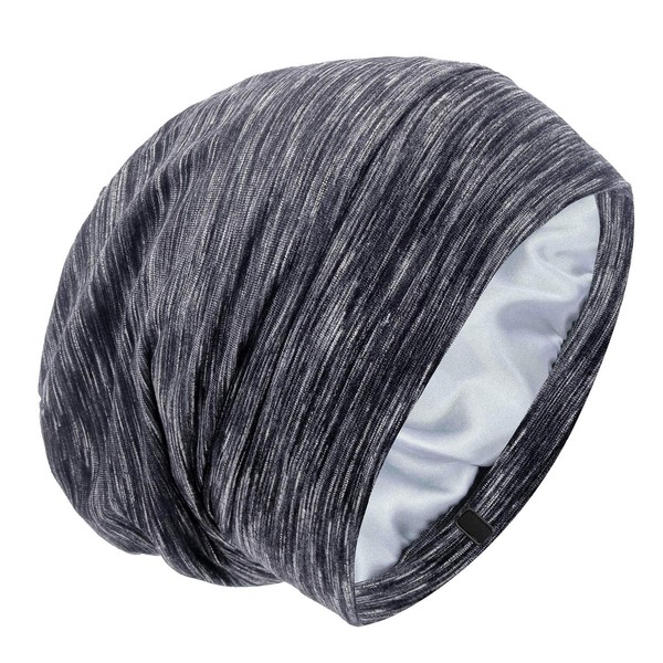 Silk Satin Lined Bonnet Sleep Cap - Adjustable Stay on All Night Hair Wrap Cover Slouchy Beanie for Curly Hair Protection for Women and Men - Heather Black02