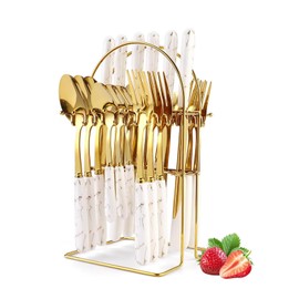 24 Piece Gold Silverware Set with Stand, Premium Stainless Steel Flatware Set Service for 6, Polished Knifes Forks and Spoons Set with Porcelain Handle, Cutlery Set for Kitchen Home Restaurant (White)
