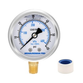 MEASUREMAN PRO 2" Dial Size, Glycerin Filled Pressure Gauge, 0-60psi/kpa, 304 Stainless Steel Case, 1/4" NPT Lower Mount, Lead-Free