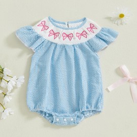 Kayotuas Newborn Baby Girls Smocked Bubble Romper Cute Embroidery Ruffle Gingham Bodysuit Dress Infant Toddler Summer Clothes (Blue Pink Bow, 0-3 Months)