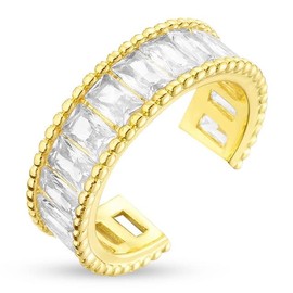 Baguette Cubic Zirconia Cuff Ring, 14K Gold Plated, Adjustable Size, Water Resistant, Tarnish Resistant, Hypoallergenic, Holiday Rings & Jewellery, Stacking Ring, Statement Ring