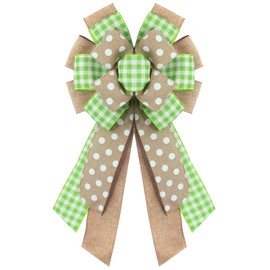 chmacura Easter Wreath Bow for Front Door, Natural Green Dots Bows Green Buffalo Plaid Craft Bow Birthday Easter Tree Topper Ornament Bow for Home Easter Decorations Supplies