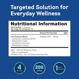 Everyday Probiotics for Adults - Bloating Relief, Gut Repair & Digestive System - World's Most Highly Researched Strain Lactobacillus Acidophilus NCFM® - 20 Billion CFU - 30 Capsules