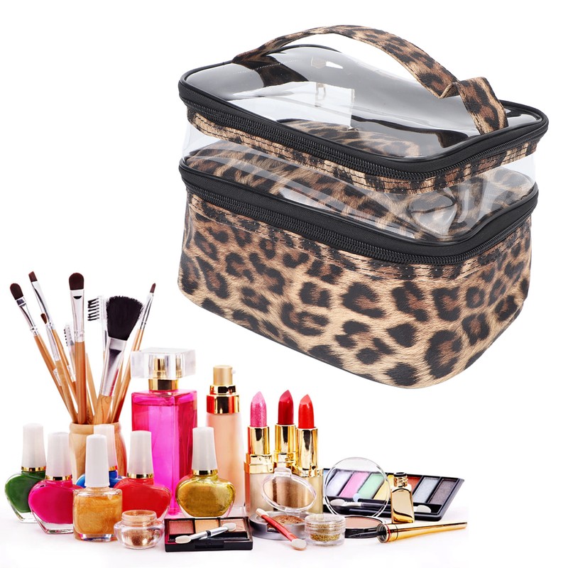 Double Layer Cosmetic Bag PVC Leopard Print Design Portable Large