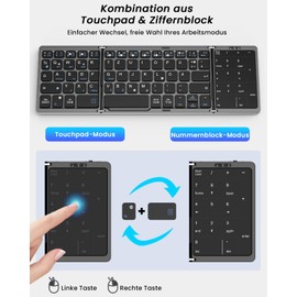 MoKo Faltbare Tastatur Bluetooth QWERTZ, Tragbar Tastatur Klappbar mit Touchpad & Ziffernblock, Wiederaufladbar Tastatur mit Trackpad für Windows iOS Android Tablet/Handy/Laptop/PC, Deutsche Layout