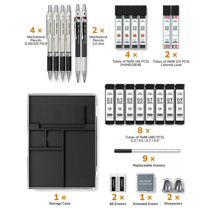 Four Candies 27PCS Art Mechanical Pencil Set with Case, 4PCS