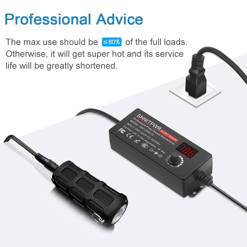 SHNITPWR 3V ~ 24V 3A 72W Power Supply Adjustable DC