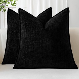Sungeek Set of 2 Soft Chenille Cushion Covers 50x50cm Square Decorative Throw Pillow Covers with Stitched Edge Solid Dyed Pillow Cases Covers for Home Decor Couch Sofa Bed Living Room, Black