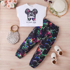 HEOXIN Girls Clothing Sets, 2 Pieces Kids Camouflage Print Elastic Waist Pants with Pockets Hip Hop Crop Top Street Dance Outfits, Summer Clothes Set Dancewear for Tiny Girl, Black, 11-12 Years